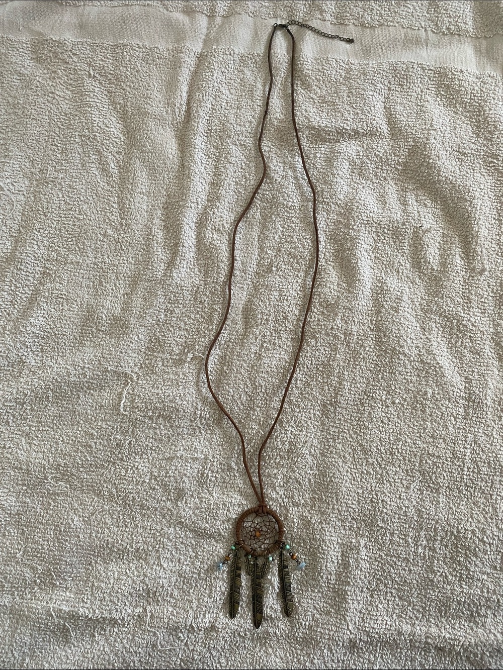 Brown Dreamcatcher Necklace with Brass Feather Charms - Picture 2 of 4